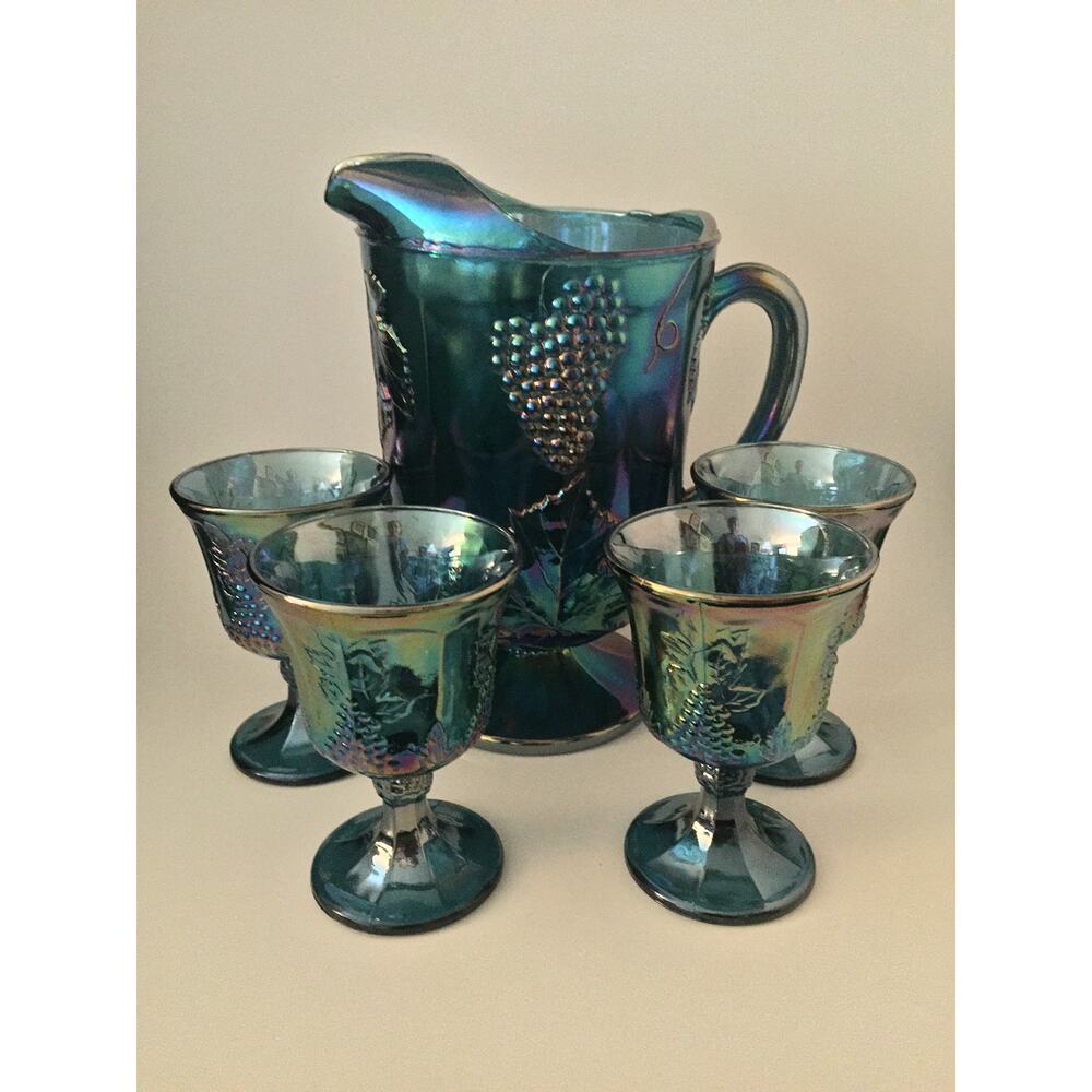Carnival Harvest Blue Pitcher & 4 Tumblers - Iridescent Colony Glass 1970s
